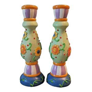 Set of 2 Candlestick Holders Funky Floral 6.5 Inches Tall